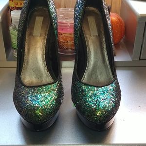 Green and gold sparkly high heels